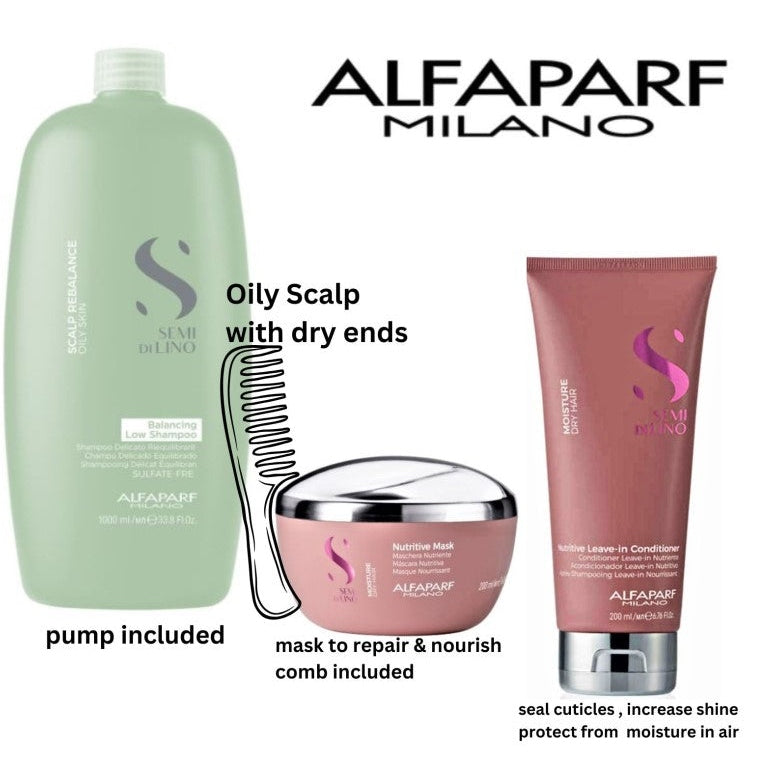 Alfaparf semi di lino Oily shampoo moisture mask and conditioner